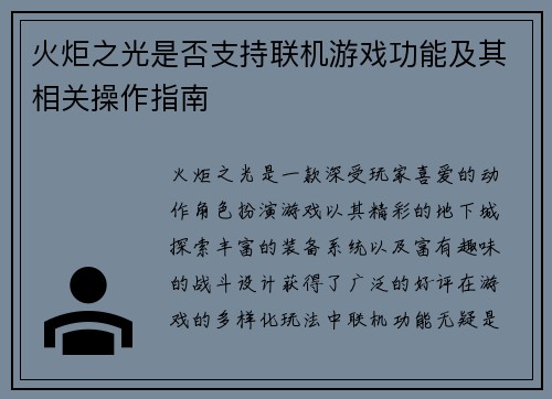 火炬之光是否支持联机游戏功能及其相关操作指南