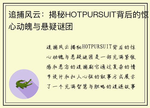 追捕风云：揭秘HOTPURSUIT背后的惊心动魄与悬疑谜团